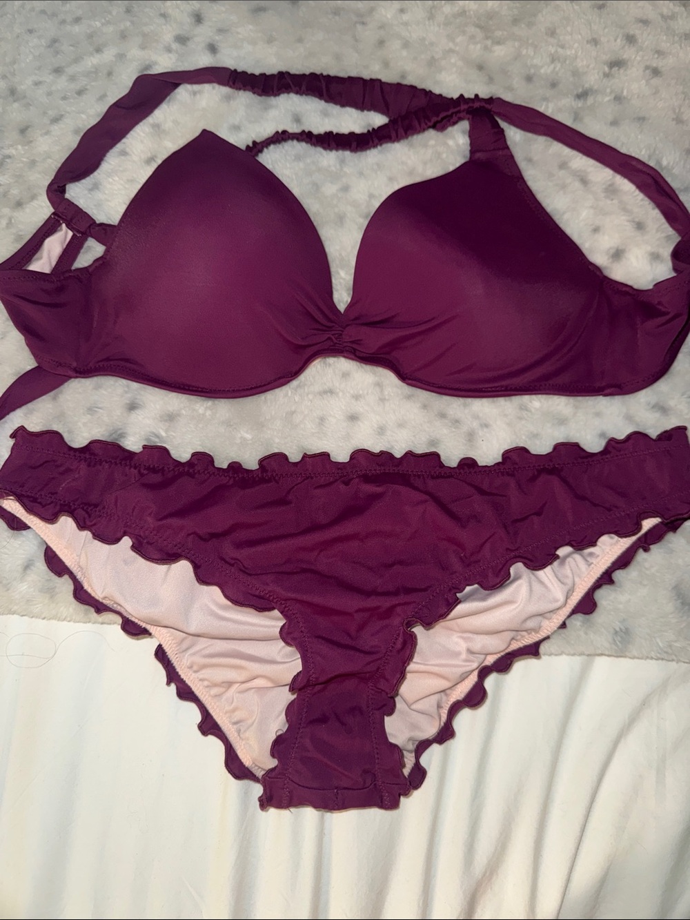 Shade & Shore Plum Ruffle Bikini - Deep Berry Halter Top & Ruffled Bottoms